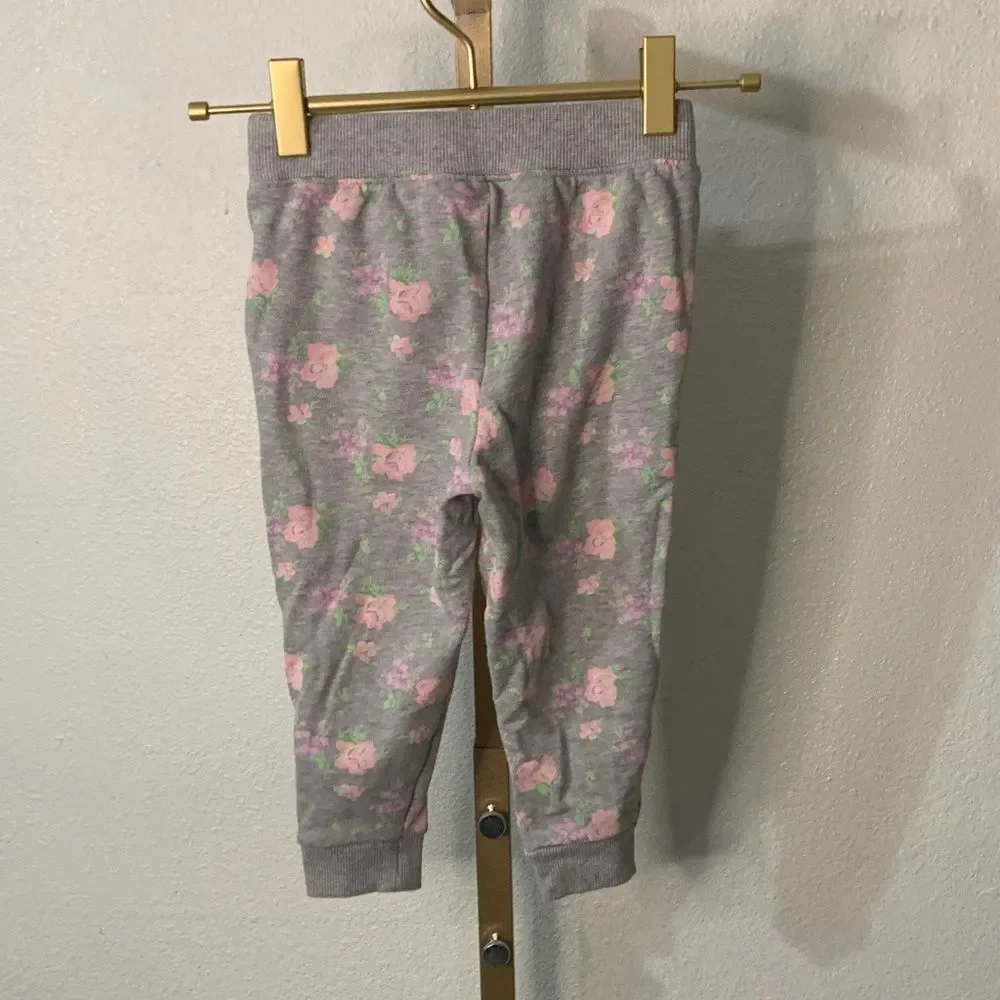 Janie and Jack- Toddler Gray Joggers with Pink Floral Pattern-3T